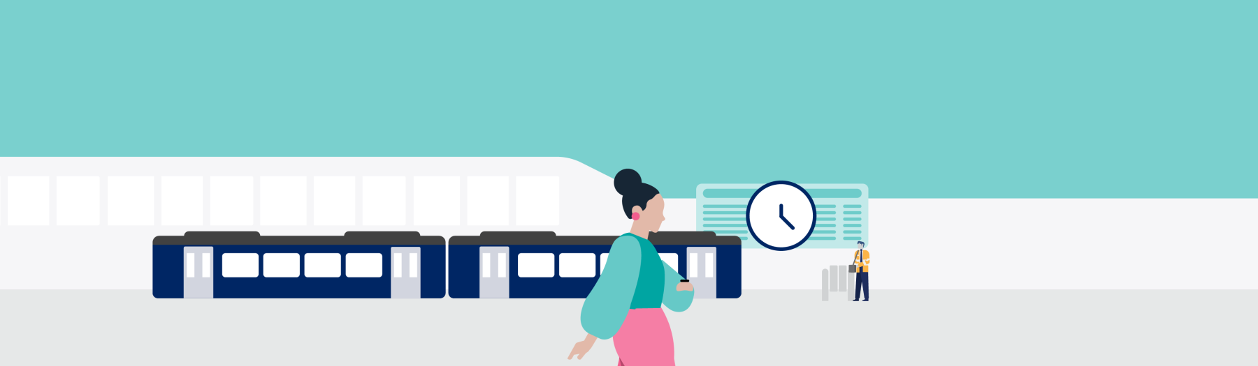Illustration of train with woman walking and clock in background