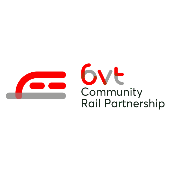 A red and white logo depicting a stylised train and text 6VT Community Rail Partnership
