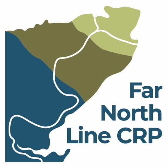 A blue and green logo depicting the Far North of Scotland with the railway line running through and the words Far North Line CRP