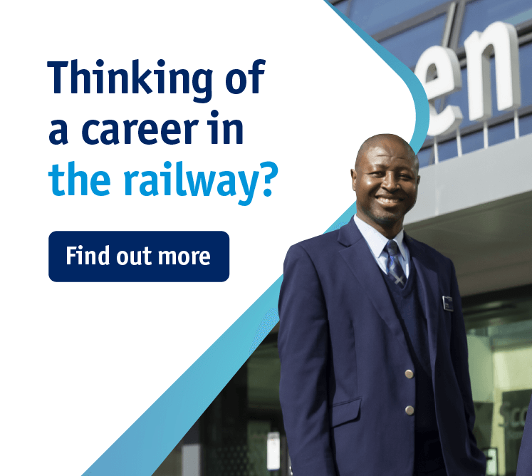 Railway career image with text: Thinking of a career in the railway? Find out more 