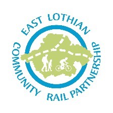A green and blue logo depicting the area of East Lothian and the railway lines running through it