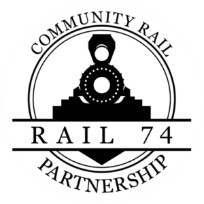A purple logo depicting a stylised steam train and text Rail 74 Community Rail Partnership