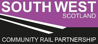 A purple and black logo which says South West Scotland Community Rail Partnership